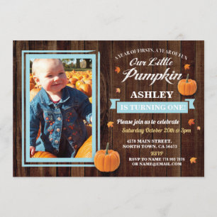Pumpkin Birthday ONE Photo Blue Fall 1st Invite