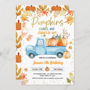 Pumpkin Birthday Party Boy Blue Truck Fall Autumn Invitation