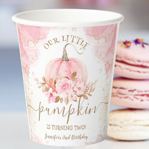 Pumpkin Birthday Pink Gold Elegant Fall Paper Cups