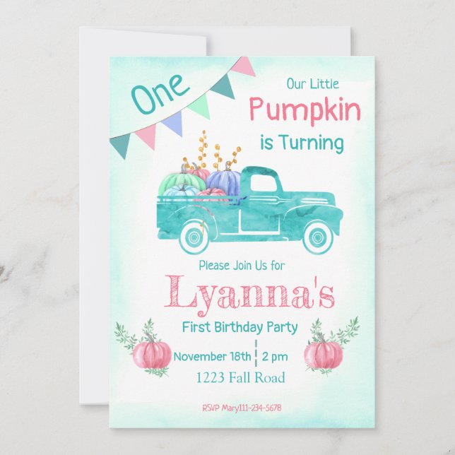 Pumpkin Birthday, Pumpkin Party, Fall, Teal Party  Invitation (Front)