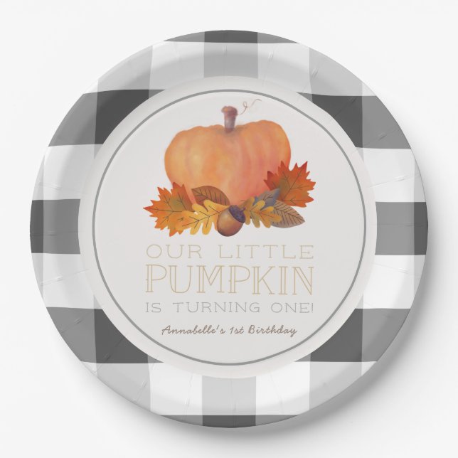 Pumpkin Black Buffalo Checks Birthday Paper Plate (Front)