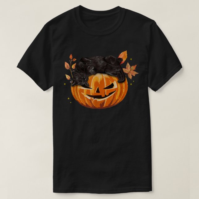 Pumpkin Black Cat Autumn Leaves Halloween Kitten C T-Shirt (Design Front)