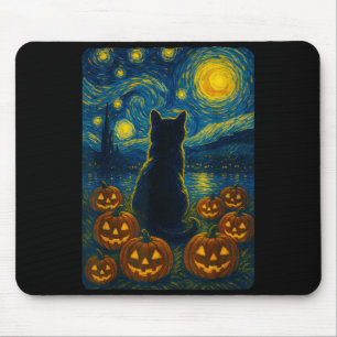 Pumpkin Black Cat Halloween Van Gogh Starry Night Mouse Pad