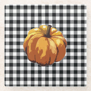 Pumpkin Black Check Autumn Fall Glass Coaster