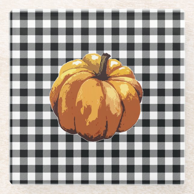 Pumpkin Black Check Autumn Fall Glass Coaster (Front)