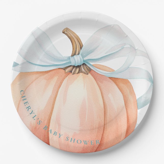 Pumpkin Blue Bow Baby Shower Paper Plate (Front)