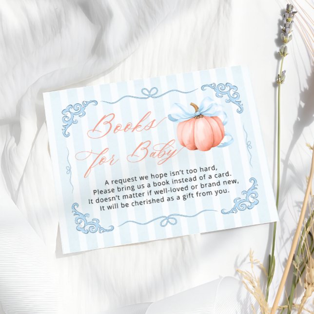 Pumpkin Blue Bow Boy Baby Shower Book Request Enclosure Card (Creator Uploaded)