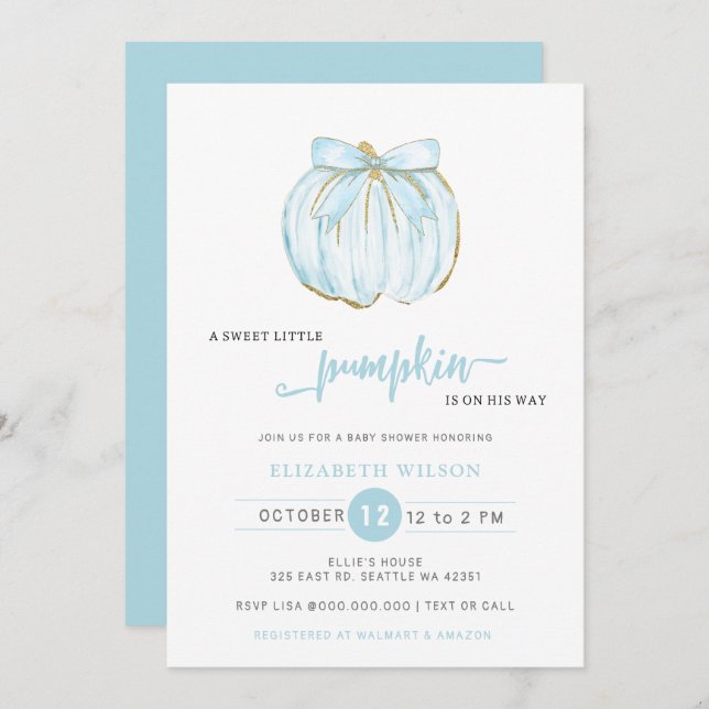 Pumpkin Blue Bow Boy Baby Shower Invitation (Front/Back)