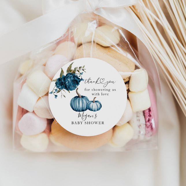 Pumpkin Blue Floral Baby Shower Favour Classic Round Sticker (Creator Uploaded)