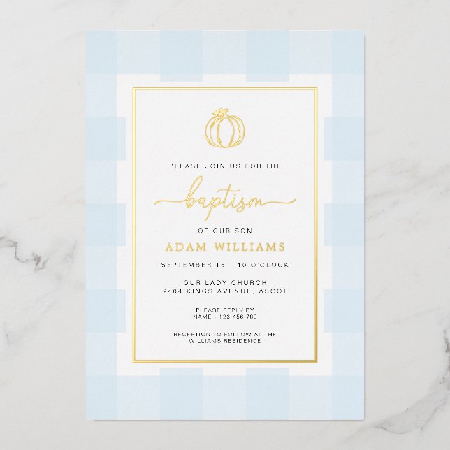 Pumpkin Blue Gingham Baptism Gold Foil Invitation (Front)