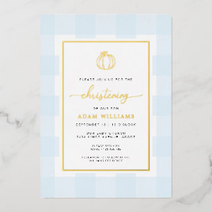 Pumpkin Blue Gingham Christening Foil Invitation