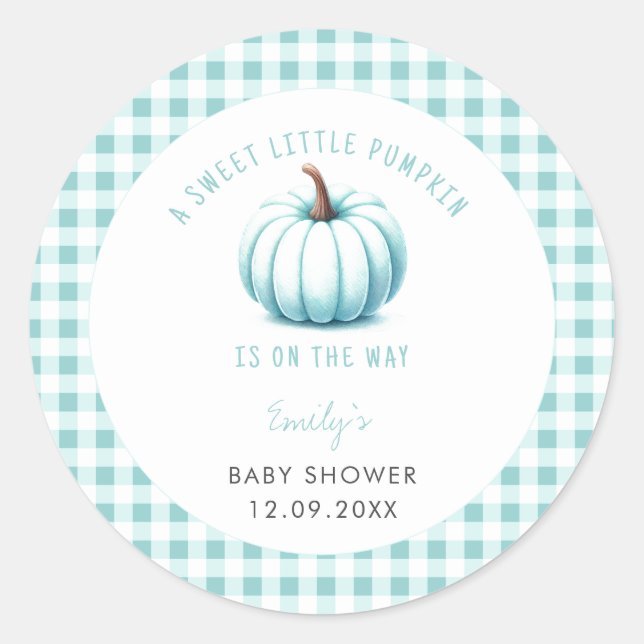 Pumpkin Blue Gingham Plaid Boy Baby Shower  Classic Round Sticker (Front)