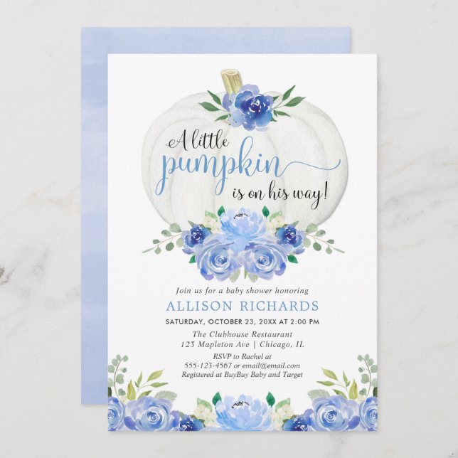 Pumpkin blue greenery floral fall boy baby shower invitation (Front/Back)
