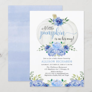 Pumpkin blue greenery floral fall boy baby shower invitation