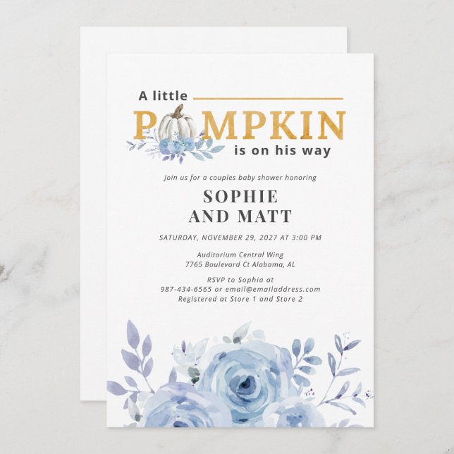 Pumpkin Blue Lilac Botanical Boys Baby Shower Invitation (Front/Back)