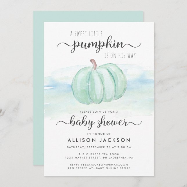 Pumpkin Blue Mint Watercolor Baby Boy Shower Invitation (Front/Back)