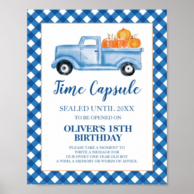 Pumpkin Blue Truck 1st Birthday Time Capsule Poster (Front)
