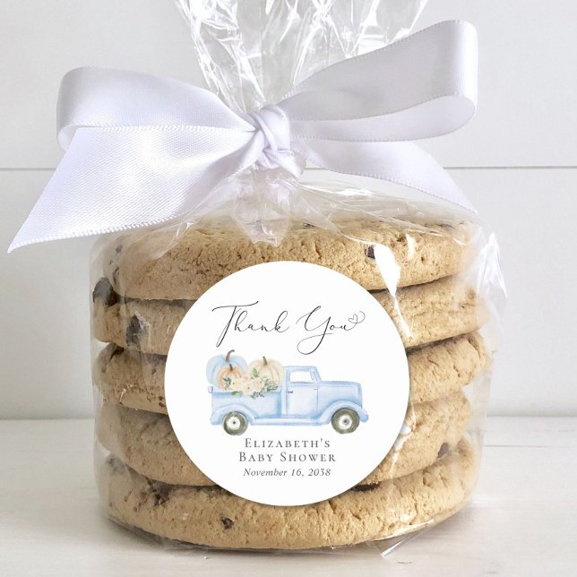 Pumpkin Blue Truck Baby Boy Shower Thank You Classic Round Sticker (Creator Uploaded)