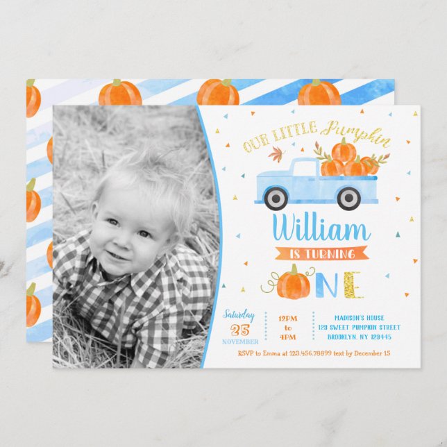 Pumpkin Blue Truck First Birthday Invitations Boy  (Front/Back)