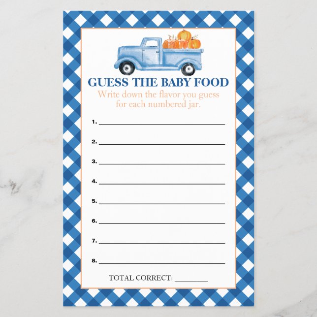 Pumpkin Blue Truck Guess Baby Food Shower Games Flyer (Front)