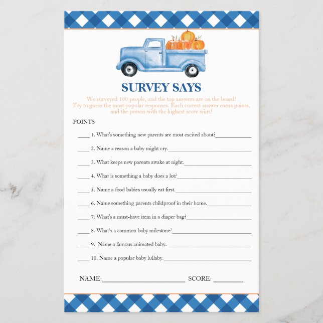 Pumpkin Blue Truck Survey Says Baby Shower Game Flyer (Front)