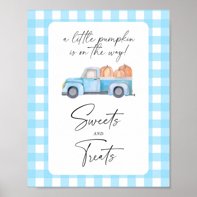 Pumpkin blue truck - sweets and treats baby shower poster (Front)