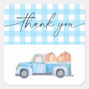 Pumpkin blue truck thank you square sticker