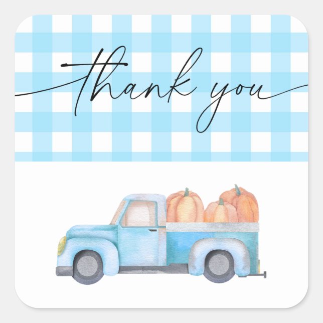 Pumpkin blue truck thank you square sticker (Front)