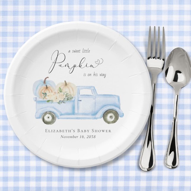 Pumpkin Blue Truck Watercolor Baby Boy Shower Paper Plate (Creator Uploaded)
