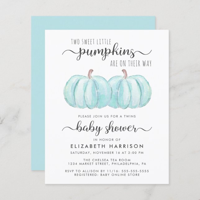 Pumpkin Blue Twin Baby Boys Shower Invitation (Front/Back)