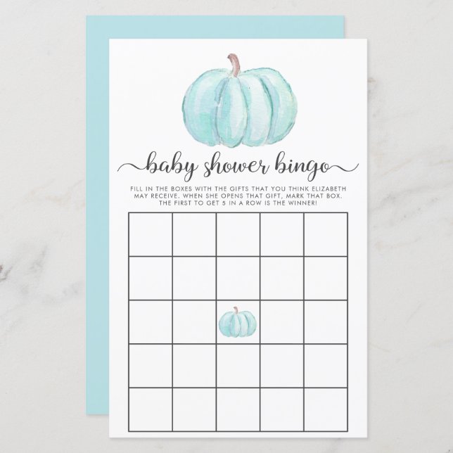 Pumpkin Blue Watercolor Bingo Baby Shower Game (Front/Back)