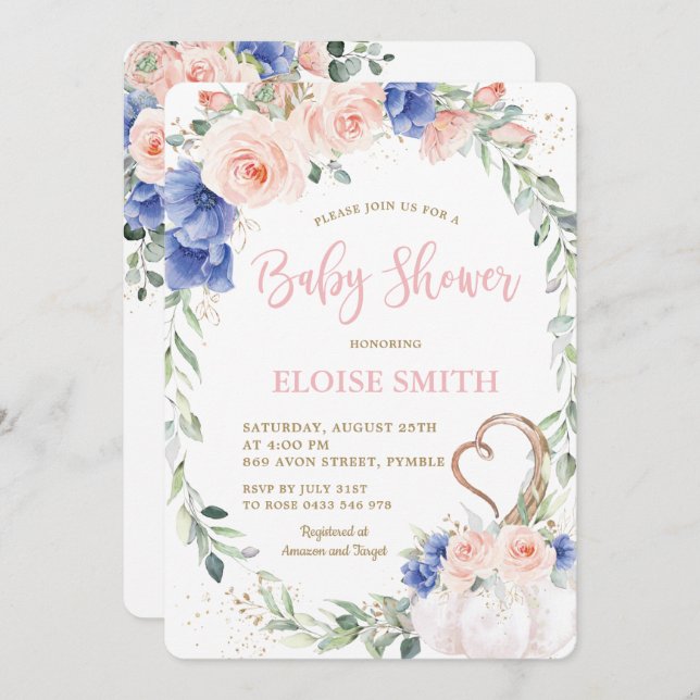 Pumpkin Blush Blue Floral Wreath Baby Shower Girl Invitation (Front/Back)