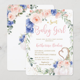 Pumpkin Blush Blue Floral Wreath Girl Baby Shower  Invitation