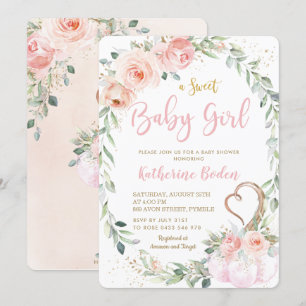 Pumpkin Blush Pink Floral Wreath Girl Baby Shower Invitation