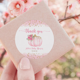 Pumpkin Blush Pink Gold Baby Girl Shower Favour Classic Round Sticker