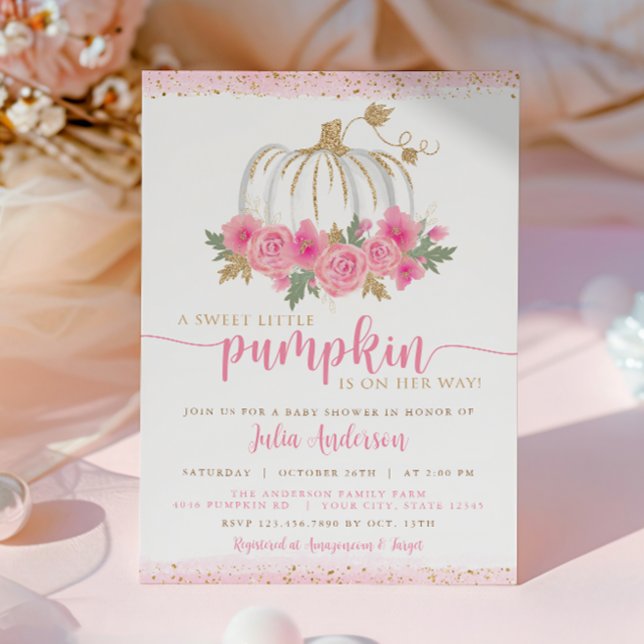 Pumpkin Blush Pink Gold Floral Fall Baby Shower In Invitation (Creator Uploaded)