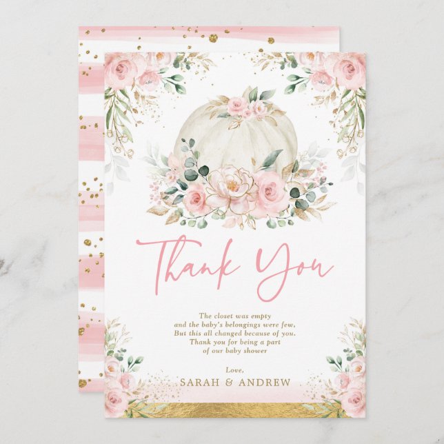 Pumpkin Blush Pink Gold Floral Fall Baby Shower Thank You Card (Front/Back)