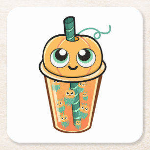 Pumpkin Boba Jellyfish Square Paper Coaster