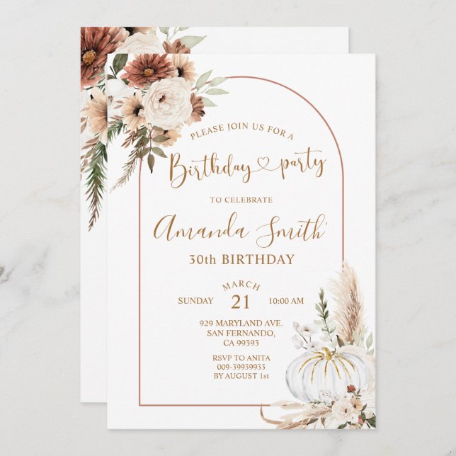 Pumpkin Boho Arch Birthday 30th Dinner Party Invitation (Front/Back)