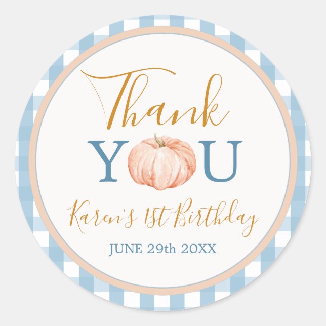 Pumpkin Boho Blue Gingham 1st Birthday Thank You Classic Round Sticker (Front)