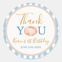 Pumpkin Boho Blue Gingham 1st Birthday Thank You