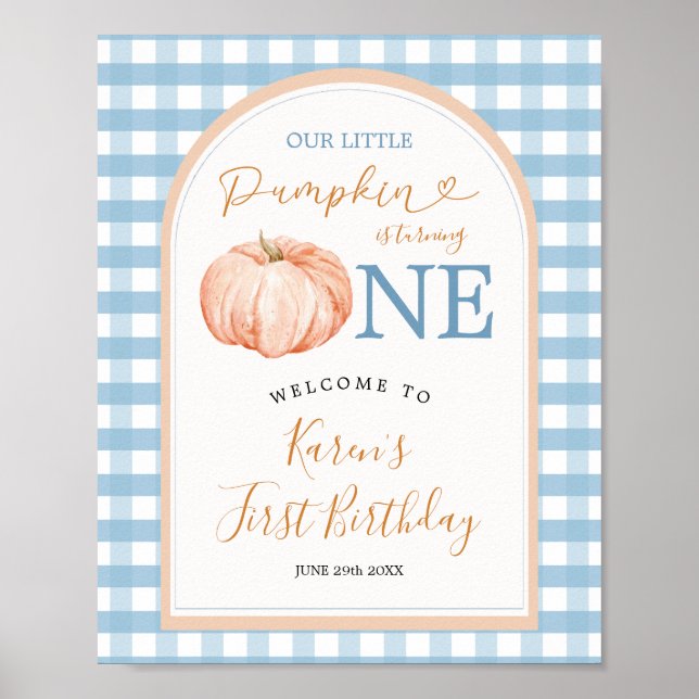Pumpkin Boho Blue Gingham 1st Birthday Welcome Poster (Front)
