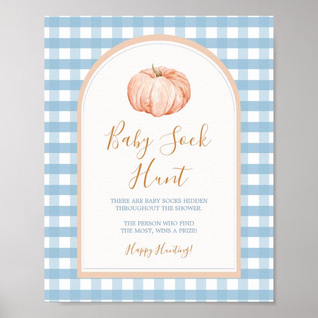 Pumpkin Boho Blue Gingham Baby Sock Hunt Poster (Front)