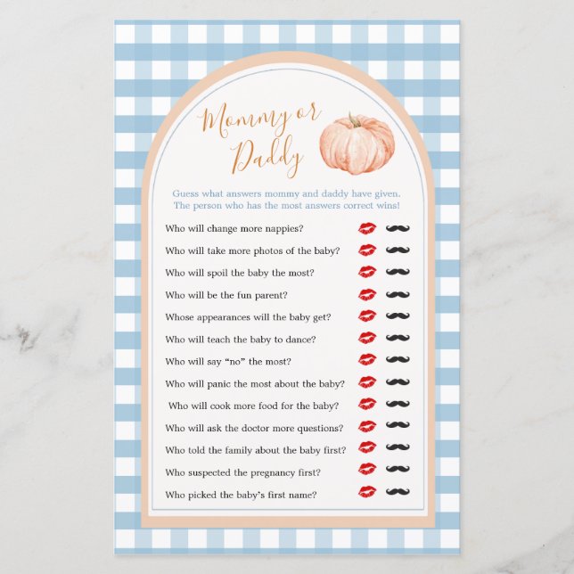 Pumpkin Boho Blue Gingham Mummy or Daddy Game (Front)