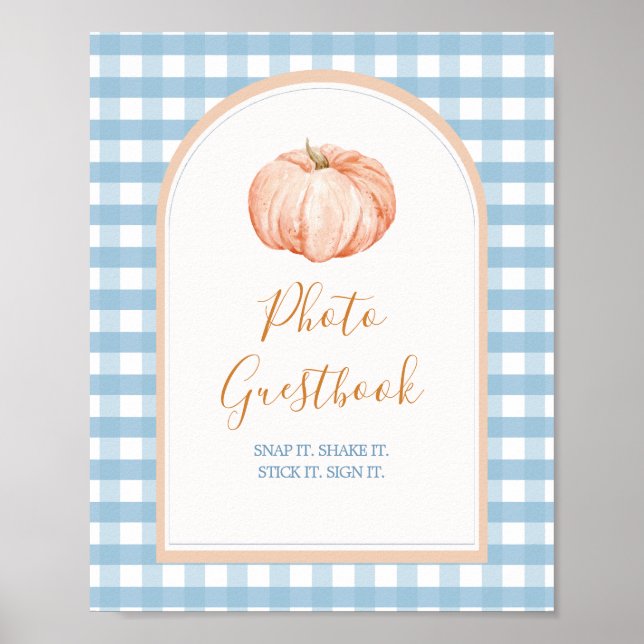 Pumpkin Boho Blue Gingham Photo Guestbook Sign (Front)