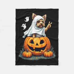 Pumpkin Boo Ghost Yorkie Dog Halloween Costume Fleece Blanket