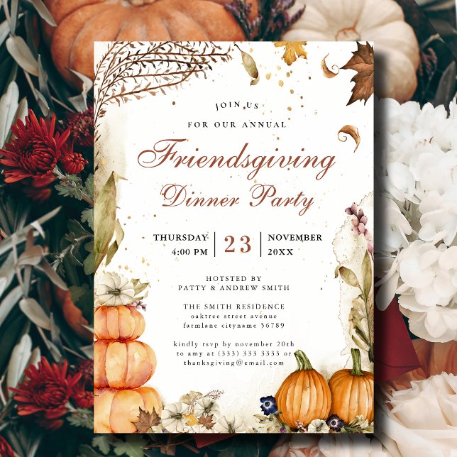 Pumpkin Botanical Autumn Friendsgiving Dinner Invitation (Creator Uploaded)