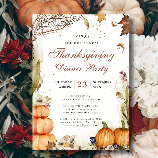 Pumpkin Botanical Autumn Thanksgiving Dinner Party Invitation (Creator Uploaded)
