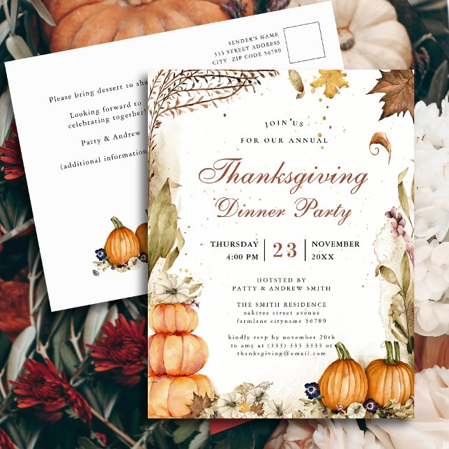 Pumpkin Botanical Autumn Thanksgiving Dinner Party Invitation Postcard (Creator Uploaded)