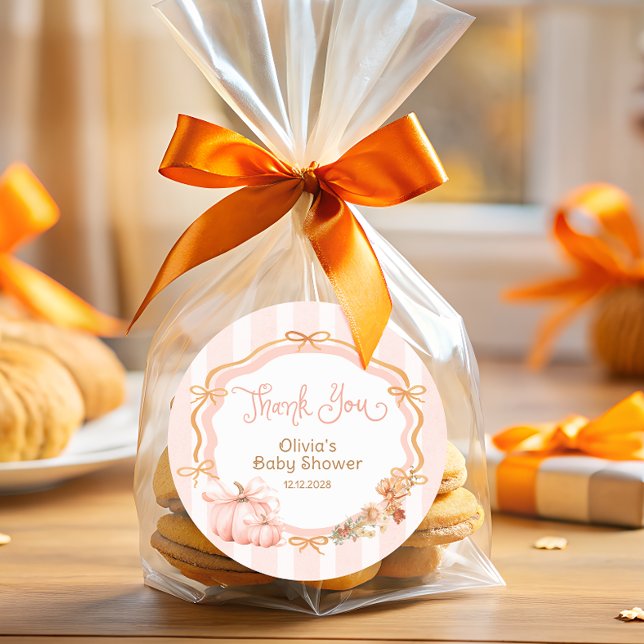 Pumpkin Bow Fall Floral Baby Shower Thank You Classic Round Sticker (Creator Uploaded)